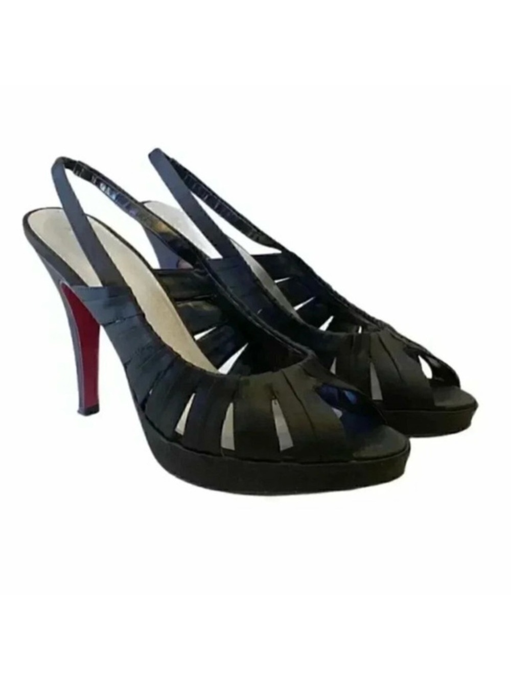 Le Chateau High Heel Slingback Sandals Black Satin Cut Out Peep Toe Size 7